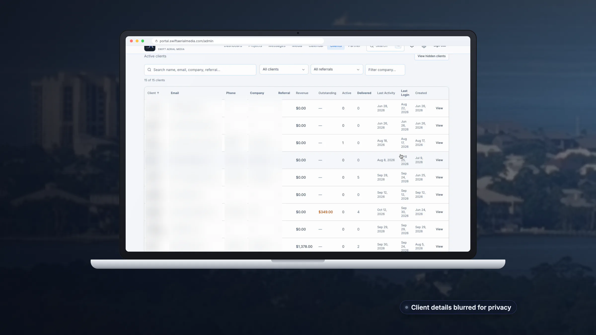 ShootPortal client list with revenue, outstanding balance, active and delivered projects, and last activity (client details blurred)