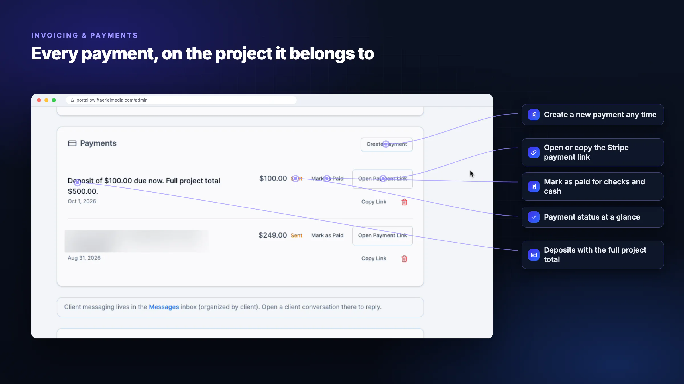 Project payments screen: create a payment, open or copy the Stripe link, mark as paid, payment status, deposits with the full project total