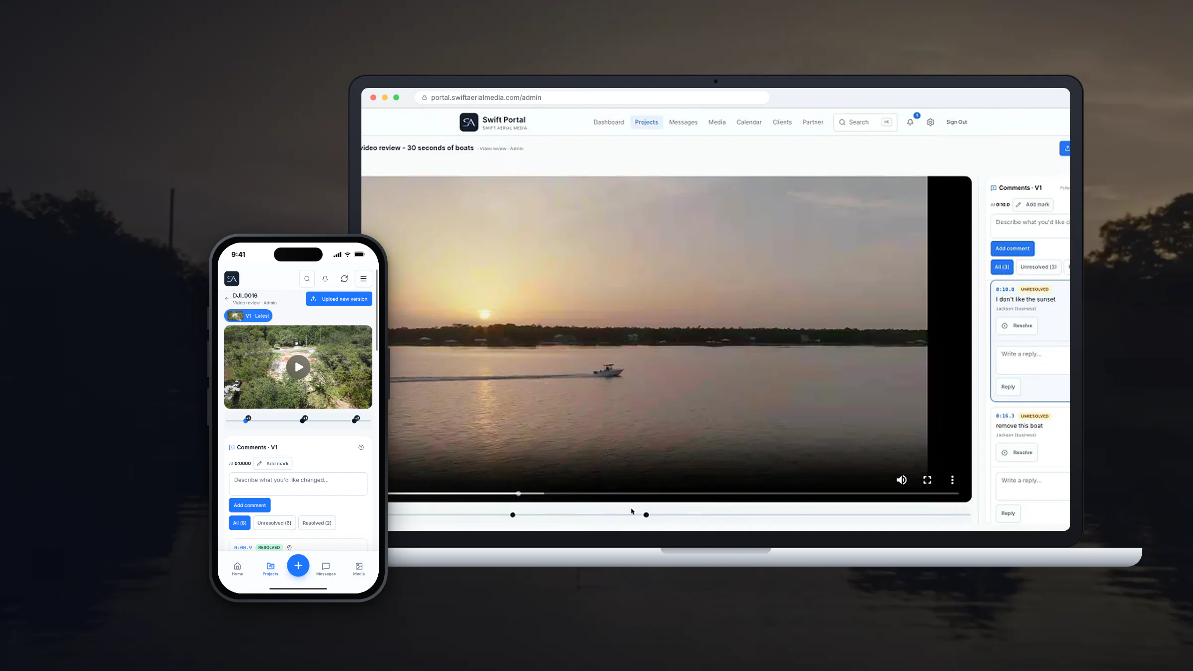 ShootPortal video review on a laptop and phone with time-stamped comments beside the video